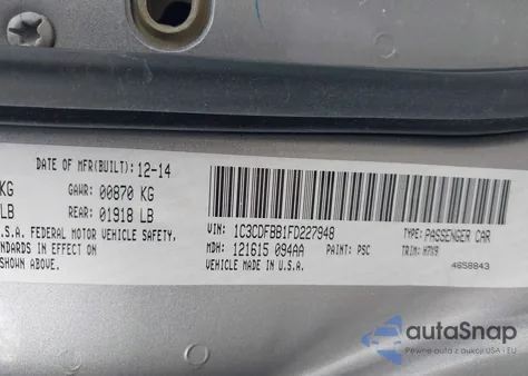 2015 Dodge Dart Sxt z USA, uszkodzony, nr VIN 1C3CDFBB1FD227948